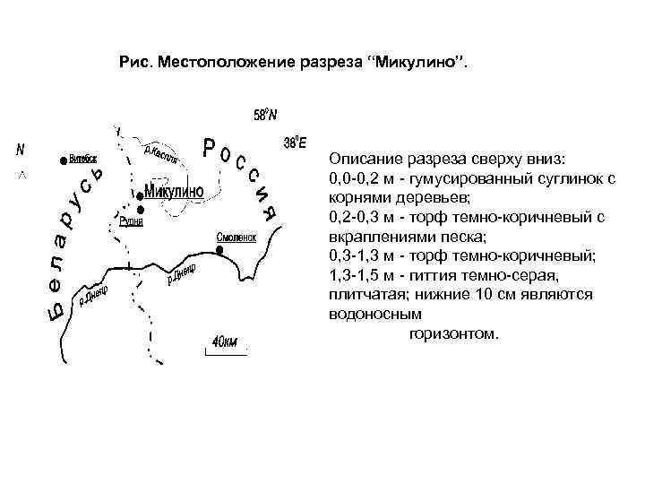 Рис. Местоположение разреза “Микулино”. Описание разреза сверху вниз: 0, 0 -0, 2 м -