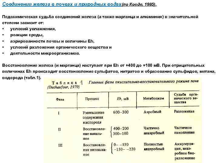 Соединения железа в почвах и природных водах(по Ковде, 1985). Педохимическая судьба соединений железа (а