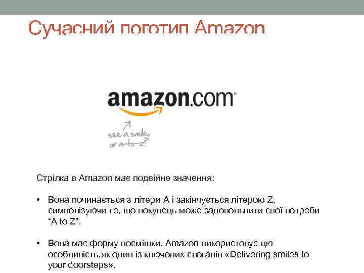 Сучасний логотип Amazon Стрілка в Amazon має подвійне значення: • Вона починається з літери