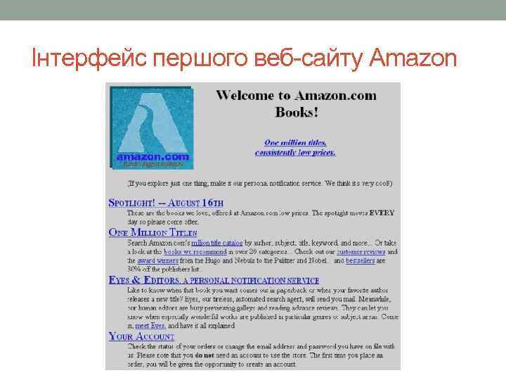Інтерфейс першого веб-сайту Amazon 