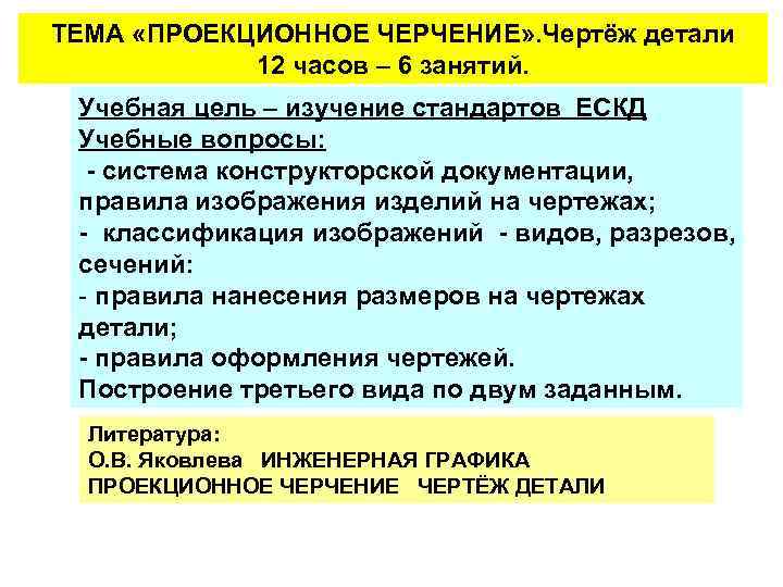 ТЕМА «ПРОЕКЦИОННОЕ ЧЕРЧЕНИЕ» . Чертёж детали 12 часов – 6 занятий. Учебная цель –