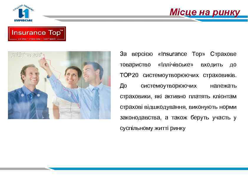 Місце на ринку За версією «Insurance Top» Страхове товариство «Іллічівське» входить до ТОР 20