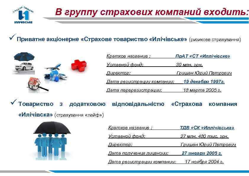 В группу страхових компаний входить: ü Приватне акціонерне «Страхове товариство «Илічівське» (ризикове страхування) Краткое