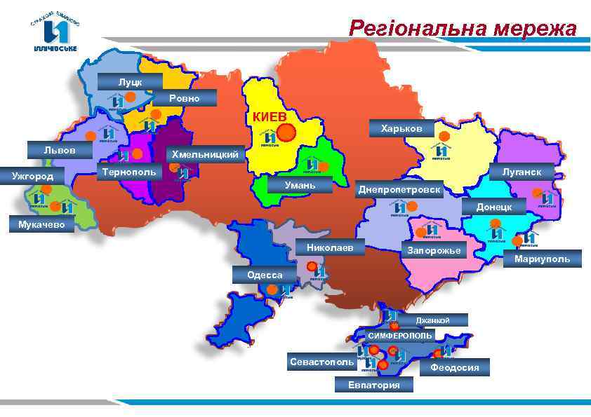 Регіональна мережа Луцк Ровно КИЕВ Львов Ужгород Харьков Хмельницкий Тернополь Луганск Умань Днепропетровск Донецк