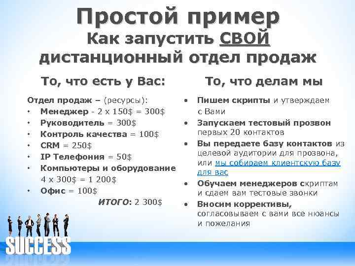 Простой пример Как запустить СВОЙ дистанционный отдел продаж То, что есть у Вас: То,