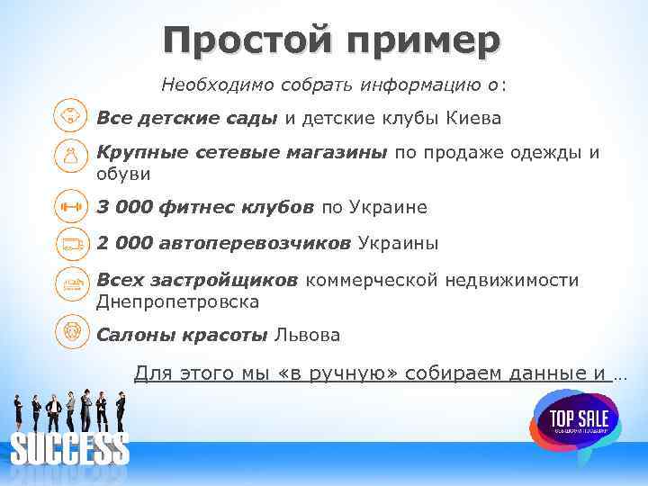 Простой пример Необходимо собрать информацию о: Все детские сады и детские клубы Киева Крупные