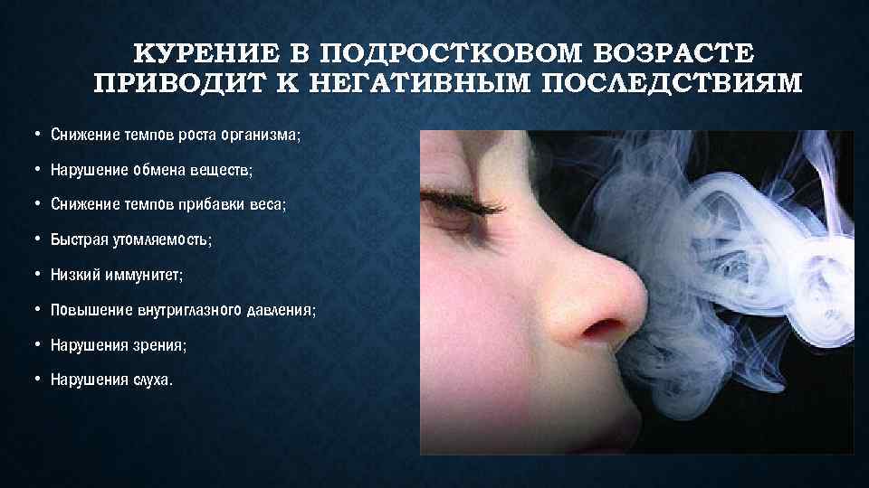 КУРЕНИЕ В ПОДРОСТКОВОМ ВОЗРАСТЕ ПРИВОДИТ К НЕГАТИВНЫМ ПОСЛЕДСТВИЯМ • Снижение темпов роста организма; •