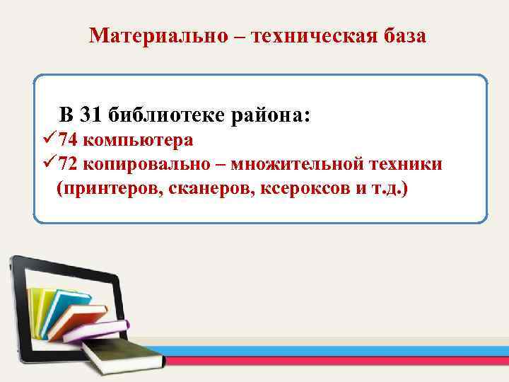  Материально – техническая база В 31 библиотеке района: ü 74 компьютера ü 72