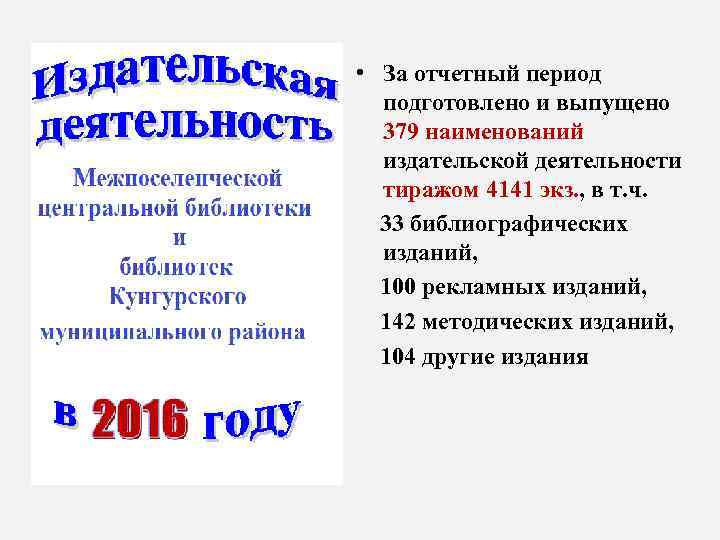  • За отчетный период подготовлено и выпущено 379 наименований издательской деятельности тиражом 4141