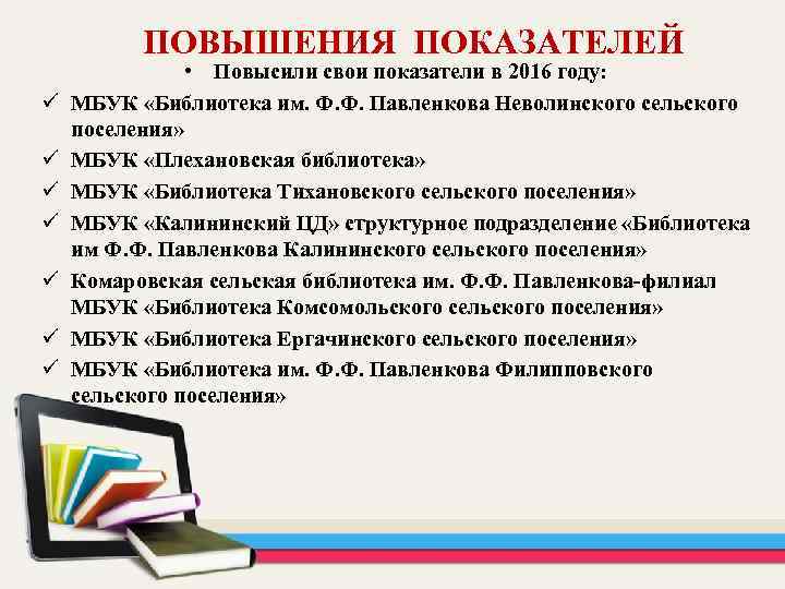 ПОВЫШЕНИЯ ПОКАЗАТЕЛЕЙ ü ü ü ü • Повысили свои показатели в 2016 году: МБУК