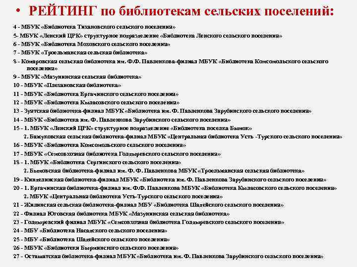  • РЕЙТИНГ по библиотекам сельских поселений: 4 - МБУК «Библиотека Тихановского сельского поселения»