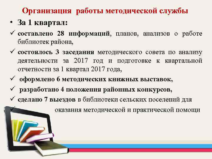 Организация работы методической службы • За 1 квартал: ü составлено 28 информаций, планов, анализов