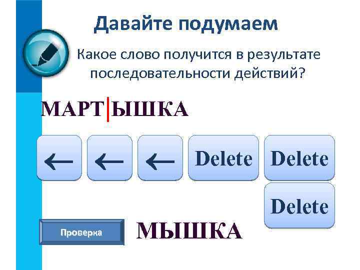 Давайте подумаем Какое слово получится в результате последовательности действий? МАРТ|ЫШКА Проверка Delete МЫШКА Delete