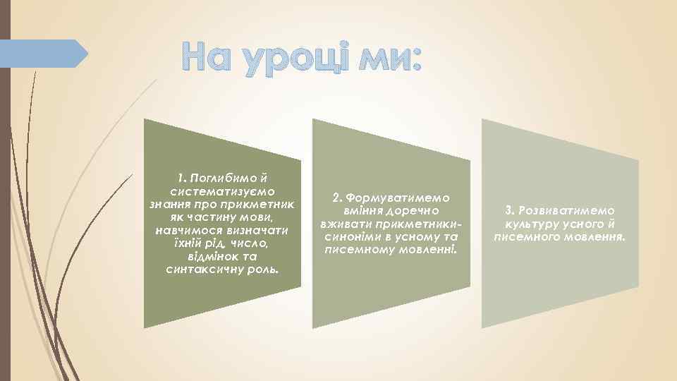 На уроці ми: 1. Поглибимо й систематизуємо знання про прикметник як частину мови, навчимося