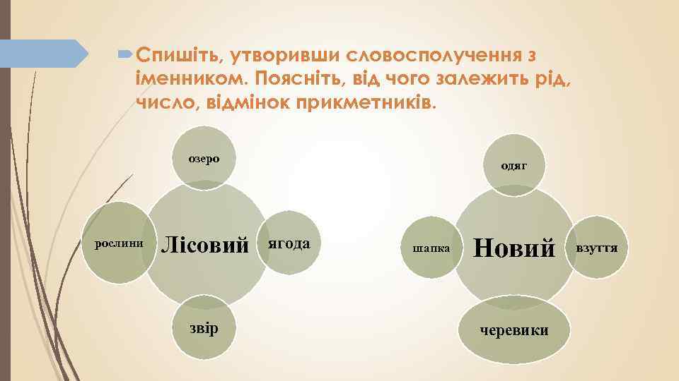  Спишіть, утворивши словосполучення з іменником. Поясніть, від чого залежить рід, число, відмінок прикметників.