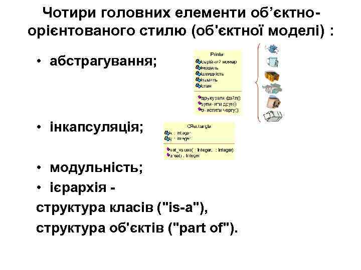 Чотири головних елементи об’єктноорієнтованого стилю (об'єктної моделі) : • абстрагування; • інкапсуляція; • модульність;