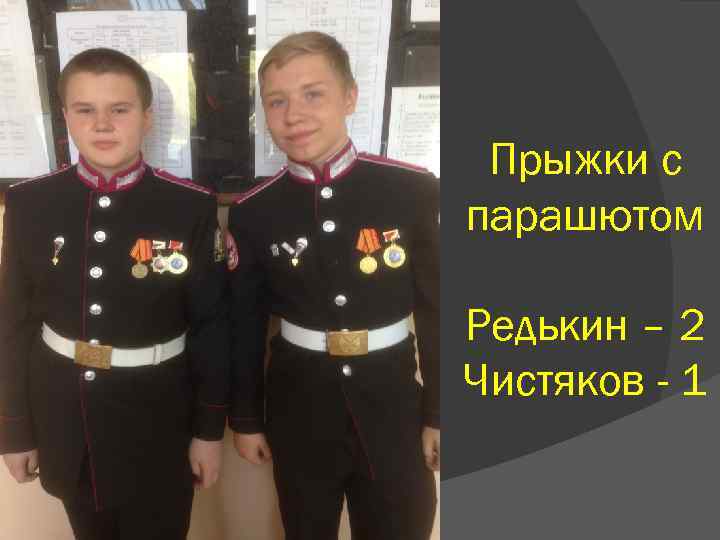 Прыжки с парашютом Редькин – 2 Чистяков - 1 