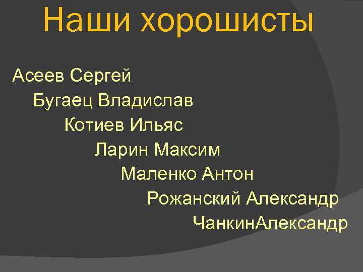 Наши хорошисты Асеев Сергей Бугаец Владислав Котиев Ильяс Ларин Максим Маленко Антон Рожанский Александр