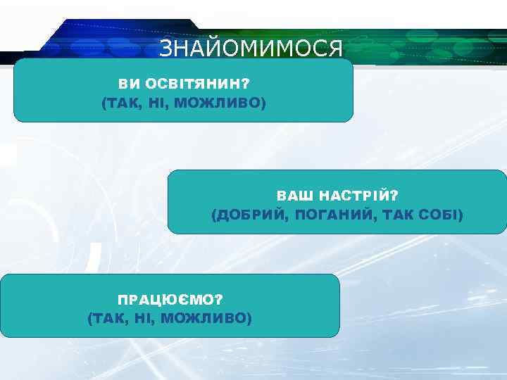 ЗНАЙОМИМОСЯ ВИ ОСВІТЯНИН? (ТАК, НІ, МОЖЛИВО) ВАШ НАСТРІЙ? (ДОБРИЙ, ПОГАНИЙ, ТАК СОБІ) ПРАЦЮЄМО? (ТАК,