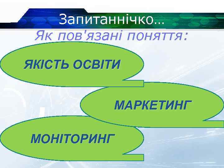 Запитаннічко… Як пов'язані поняття: ЯКІСТЬ ОСВІТИ МАРКЕТИНГ МОНІТОРИНГ 