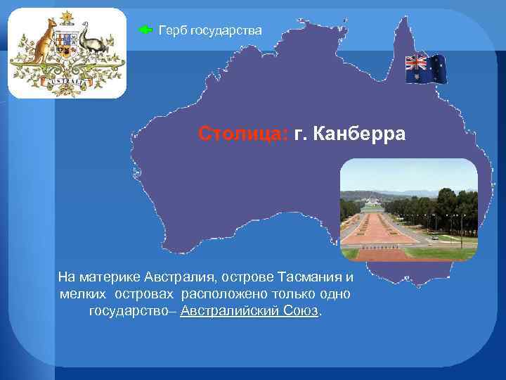 Герб государства Столица: г. Канберра На материке Австралия, острове Тасмания и мелких островах расположено