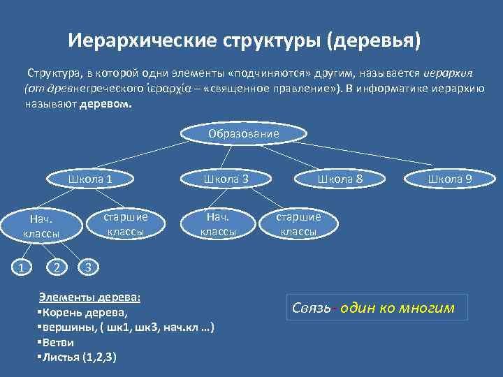 Иерархические структуры (деревья) Структура, в которой одни элементы «подчиняются» другим, называется иерархия (от древнегреческого