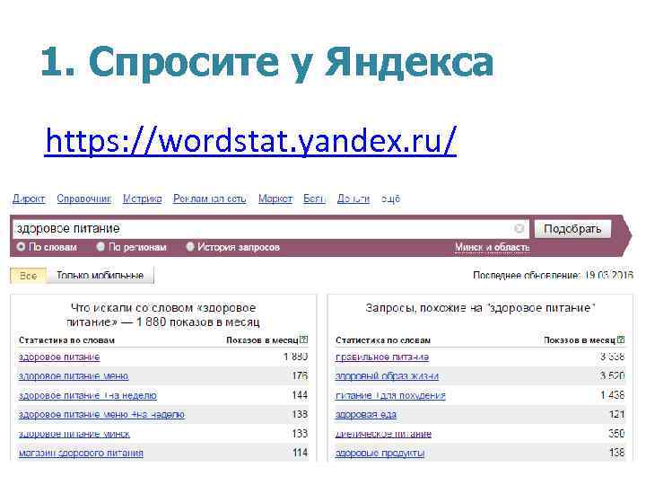 1. Спросите у Яндекса https: //wordstat. yandex. ru/ 