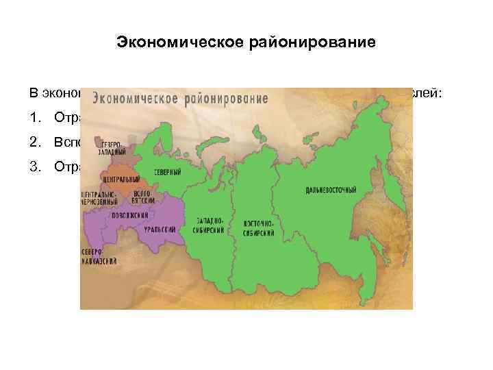 Экономическое районирование В экономическом районе формируется свой комплекс отраслей: 1. Отрасли специализации 2. Вспомогательные