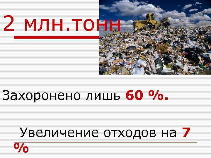 2 млн. тонн Захоронено лишь 60 %. Увеличение отходов на 7 % 