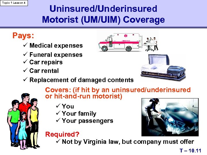 Topic 1 Lesson 4 Uninsured/Underinsured Motorist (UM/UIM) Coverage Pays: ü Medical expenses ü Funeral