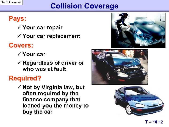 Topic 1 Lesson 4 Collision Coverage Pays: ü Your car repair ü Your car