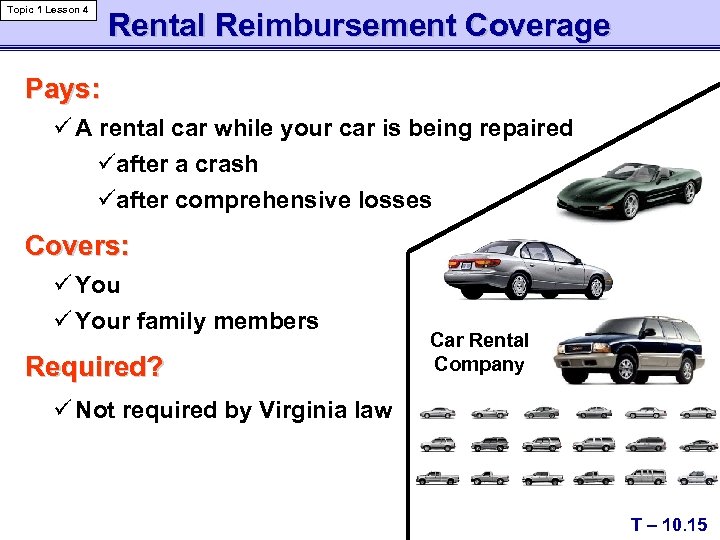 Topic 1 Lesson 4 Rental Reimbursement Coverage Pays: ü A rental car while your