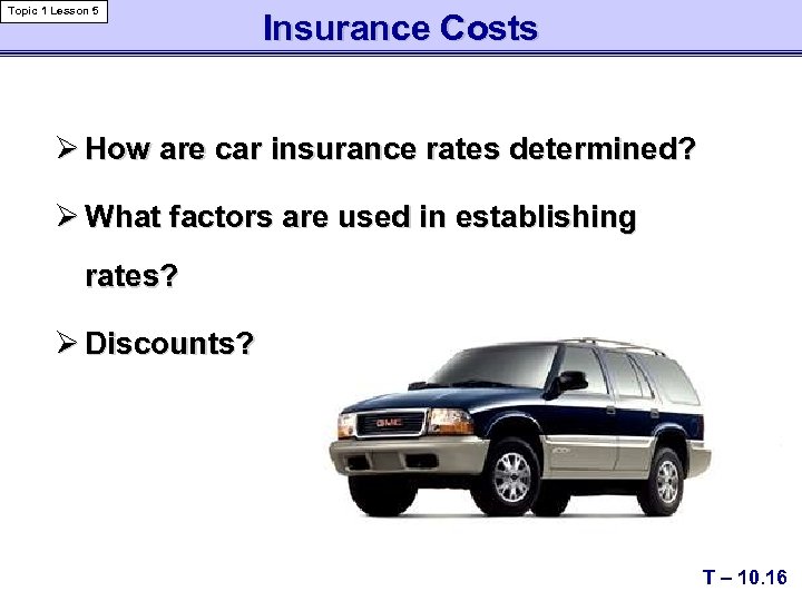 Topic 1 Lesson 5 Insurance Costs Ø How are car insurance rates determined? Ø