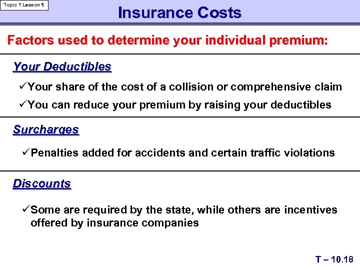 Topic 1 Lesson 5 Insurance Costs Factors used to determine your individual premium: Your