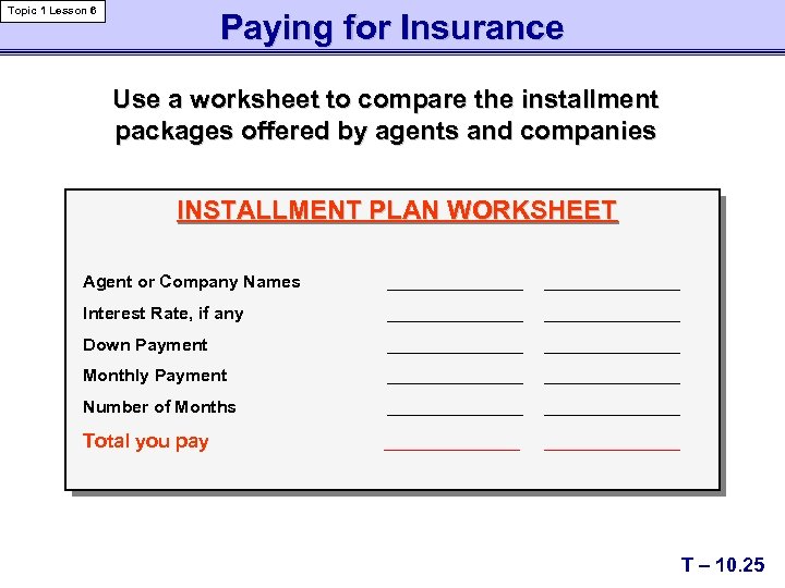 Topic 1 Lesson 6 Paying for Insurance Use a worksheet to compare the installment