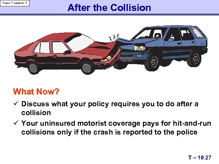 Topic 1 Lesson 7 After the Collision What Now? ü Discuss what your policy