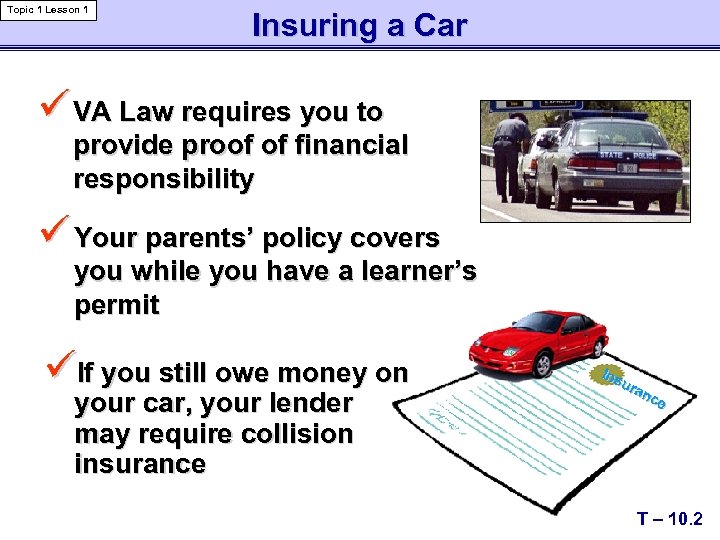 Topic 1 Lesson 1 Insuring a Car ü VA Law requires you to provide