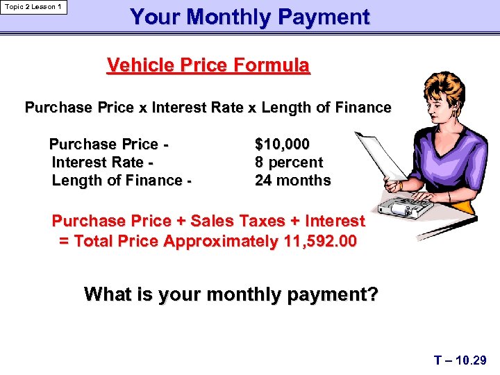 Topic 2 Lesson 1 Your Monthly Payment Vehicle Price Formula Purchase Price x Interest