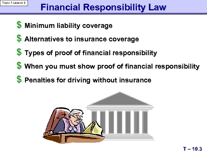 Topic 1 Lesson 2 Financial Responsibility Law $ Minimum liability coverage $ Alternatives to