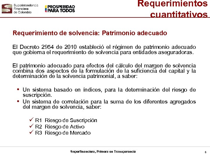 Requerimientos cuantitativos Requerimiento de solvencia: Patrimonio adecuado El Decreto 2954 de 2010 estableció el