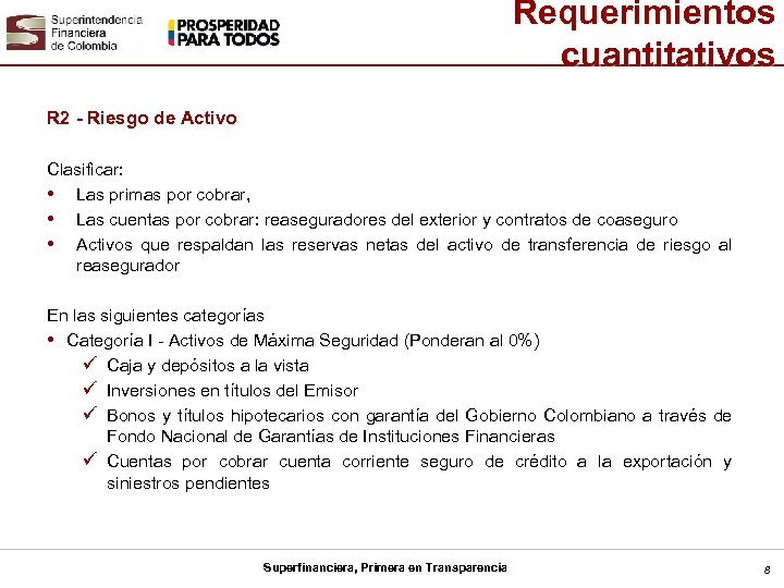 Requerimientos cuantitativos R 2 - Riesgo de Activo Clasificar: • Las primas por cobrar,