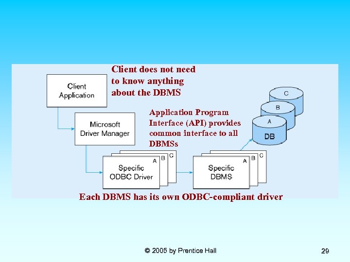 Client does not need to know anything about the DBMS Application Program Interface (API)