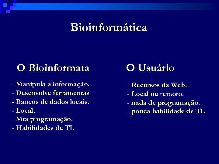 Bioinformática O Bioinformata - Manipula a informação. - Desenvolve ferramentas - Bancos de dados