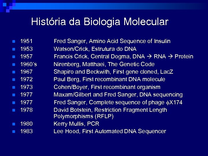 História da Biologia Molecular n n n 1951 1953 1957 1960’s 1967 1972 1973