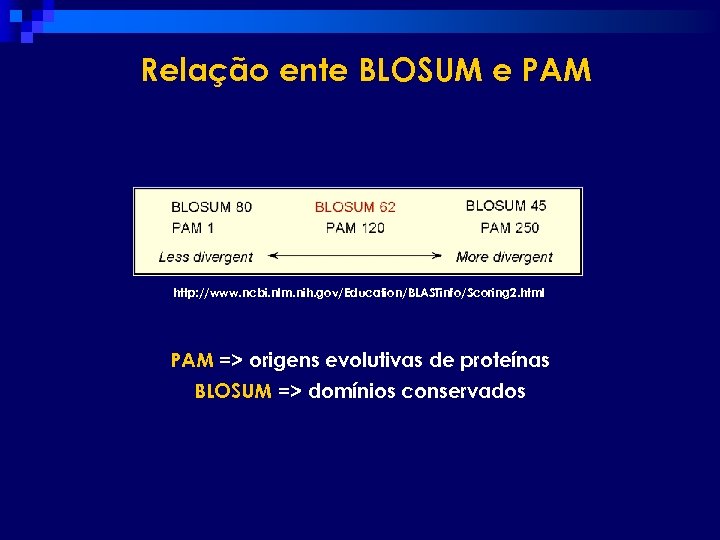Relação ente BLOSUM e PAM http: //www. ncbi. nlm. nih. gov/Education/BLASTinfo/Scoring 2. html PAM