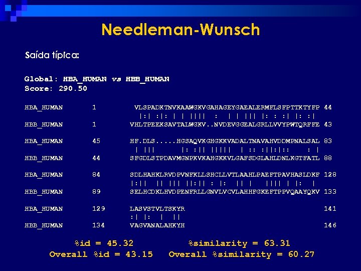 Needleman-Wunsch Saída típica: Global: HBA_HUMAN vs HBB_HUMAN Score: 290. 50 HBA_HUMAN 1 HBB_HUMAN 1