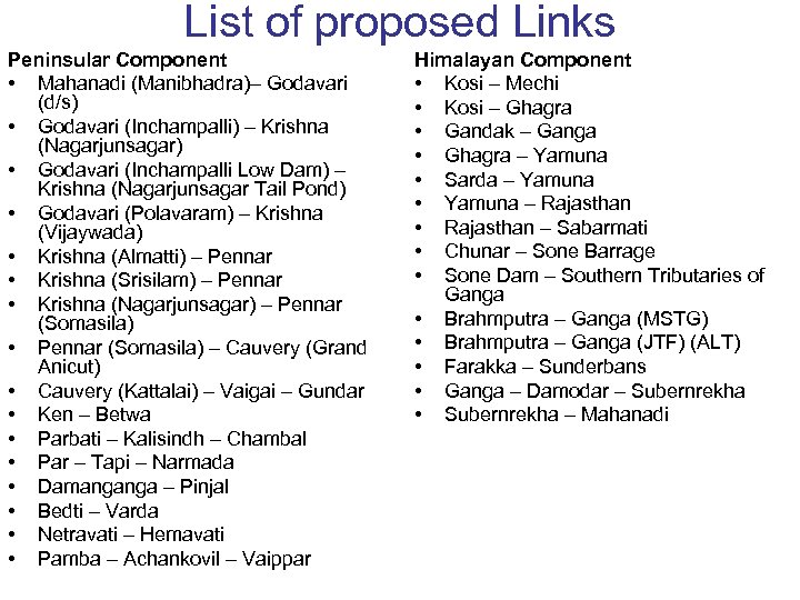 List of proposed Links Peninsular Component • Mahanadi (Manibhadra)– Godavari (d/s) • Godavari (Inchampalli)