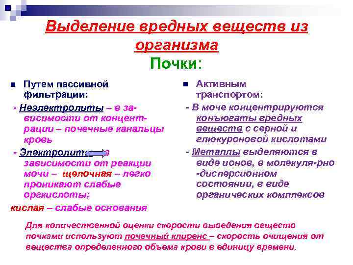 Выделение вредных веществ из организма Почки: Путем пассивной фильтрации: - Неэлектролиты – в зависимости