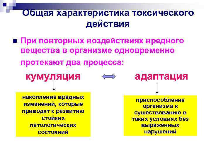 Общая характеристика токсического действия n При повторных воздействиях вредного вещества в организме одновременно протекают