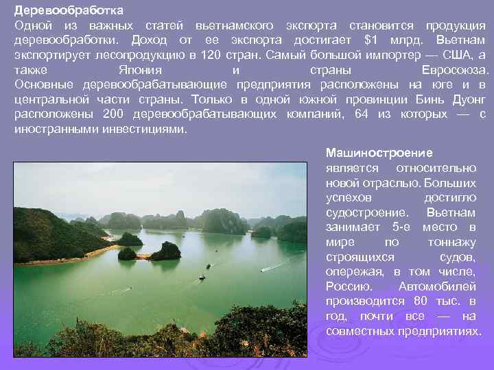 Деревообработка Одной из важных статей вьетнамского экспорта становится продукция деревообработки. Доход от ее экспорта